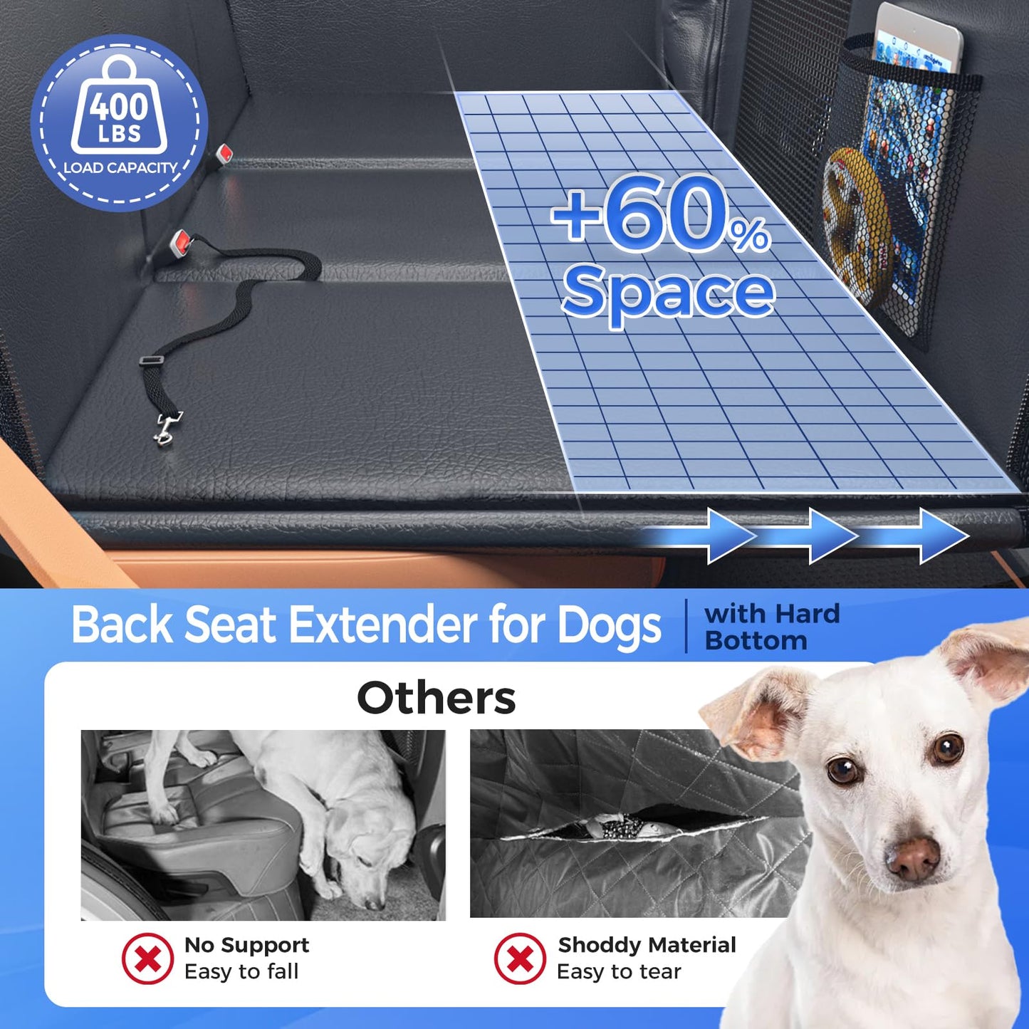 HOB4U Back Seat Extender for Dogs, Hard Bottom Dog Car Seat Cover for Truck Back Seat, Upgraded PU Leather Dog Hammock for Car, Waterproof, Anti Scratch, Larger Space, Holds 400lbs