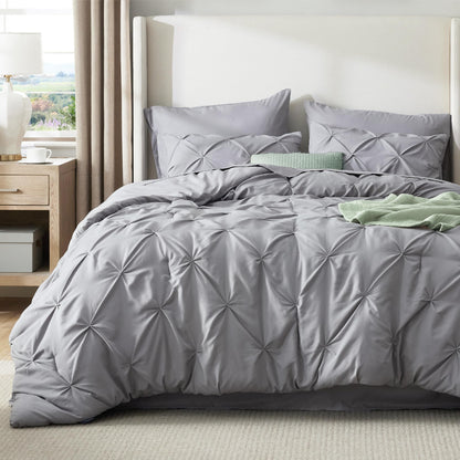 Bedsure Oversized King Comforter Set Grey - Bed in a Bag Bedding Set 7 Pieces, GentleSoft™ Pintuck Bed Set Gift for Family, Pinch Pleat Grey Comforter with Sheets, Pillowcases & Shams