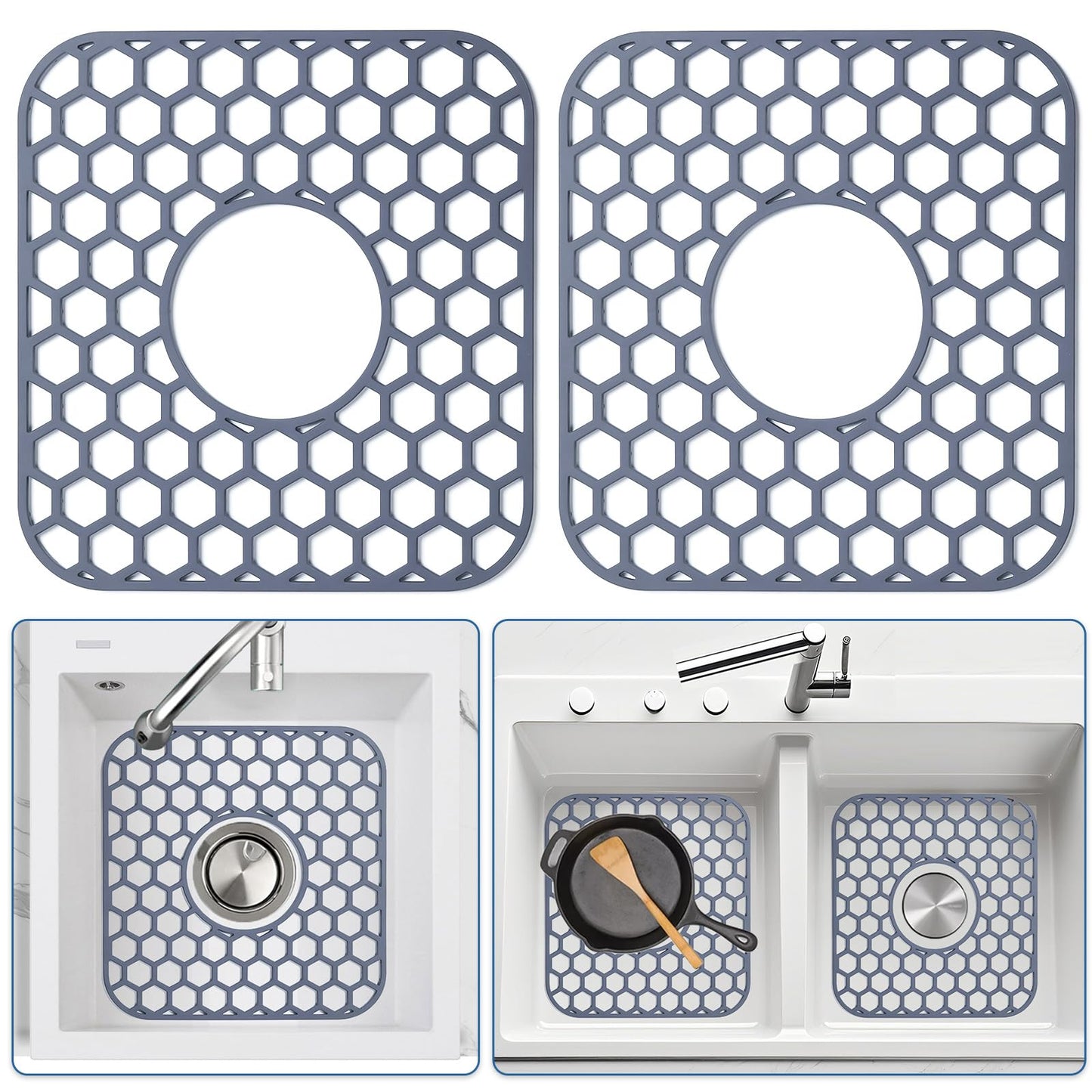 Bestjing 2 Pack Silicone Sink Protectors for Kitchen Sink with Center Drain - 12" x 11" Kitchen Accessory, Non-Slip Heat-Resistant Mat for Bottom of Porcelain Stainless Steel, Dishwasher Safe