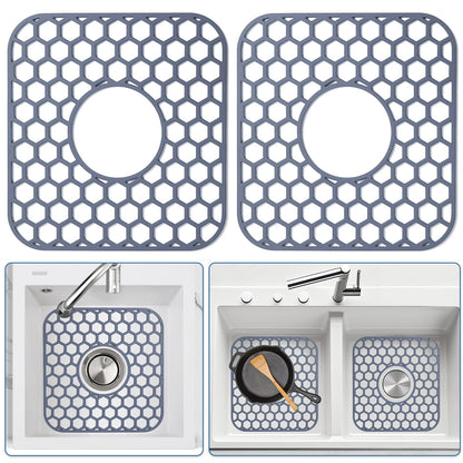 Bestjing 2 Pack Silicone Sink Protectors for Kitchen Sink with Center Drain - 12" x 11" Kitchen Accessory, Non-Slip Heat-Resistant Mat for Bottom of Porcelain Stainless Steel, Dishwasher Safe