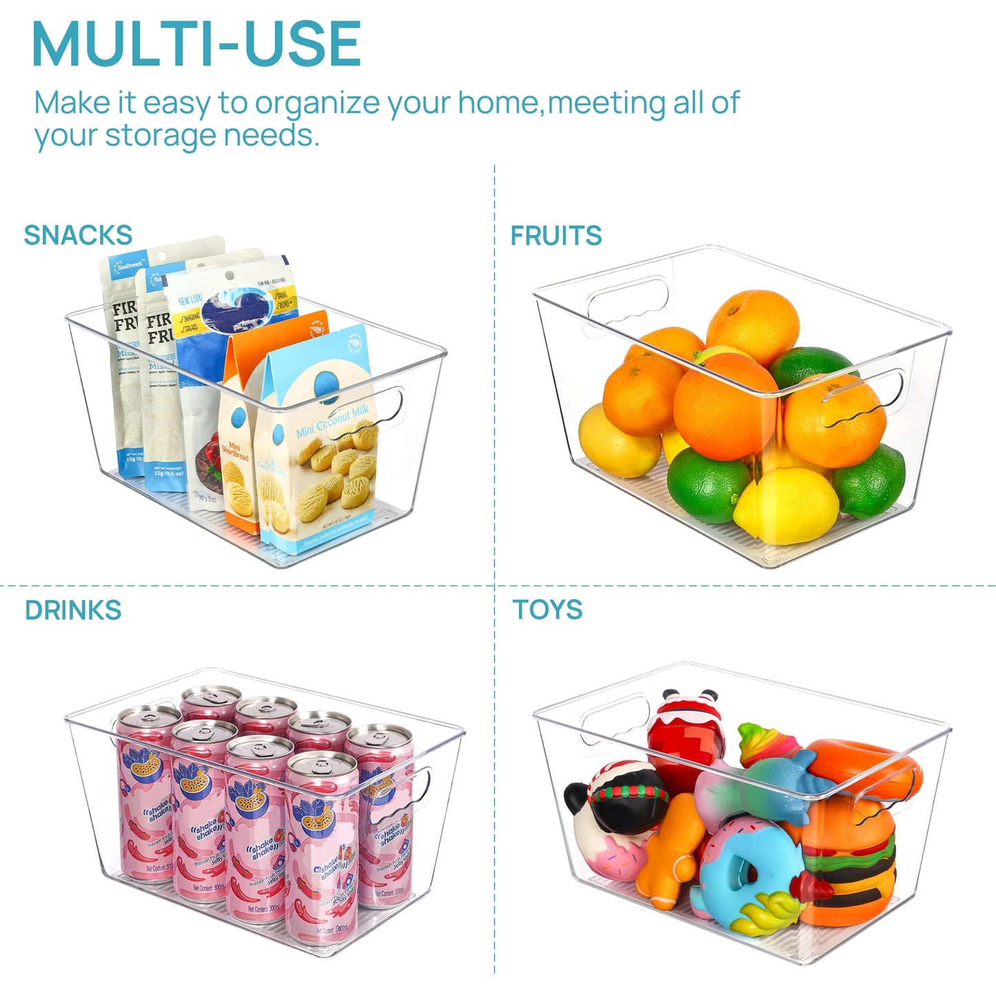 Vtopmart Clear Plastic Pantry Organizer Bins, 4 PCS Food Storage Bins with Handle for Refrigerator, Fridge, Cabinet, Kitchen, Countertops, Cupboard, Freezer Organization and Storage, BPA Free, Large