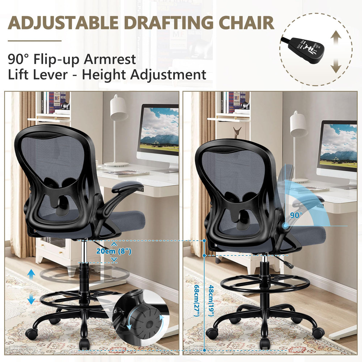 Winrise Drafting Chair, Tall Office Chair Ergonomic Standing Desk Chair, Lumbar Support Computer Chair Swivel Task Rolling Chair with Adjustable Flip-up Armrests & Foot Ring (Dark Gray)