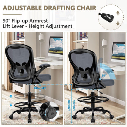 Winrise Drafting Chair, Tall Office Chair Ergonomic Standing Desk Chair, Lumbar Support Computer Chair Swivel Task Rolling Chair with Adjustable Flip-up Armrests & Foot Ring (Dark Gray)