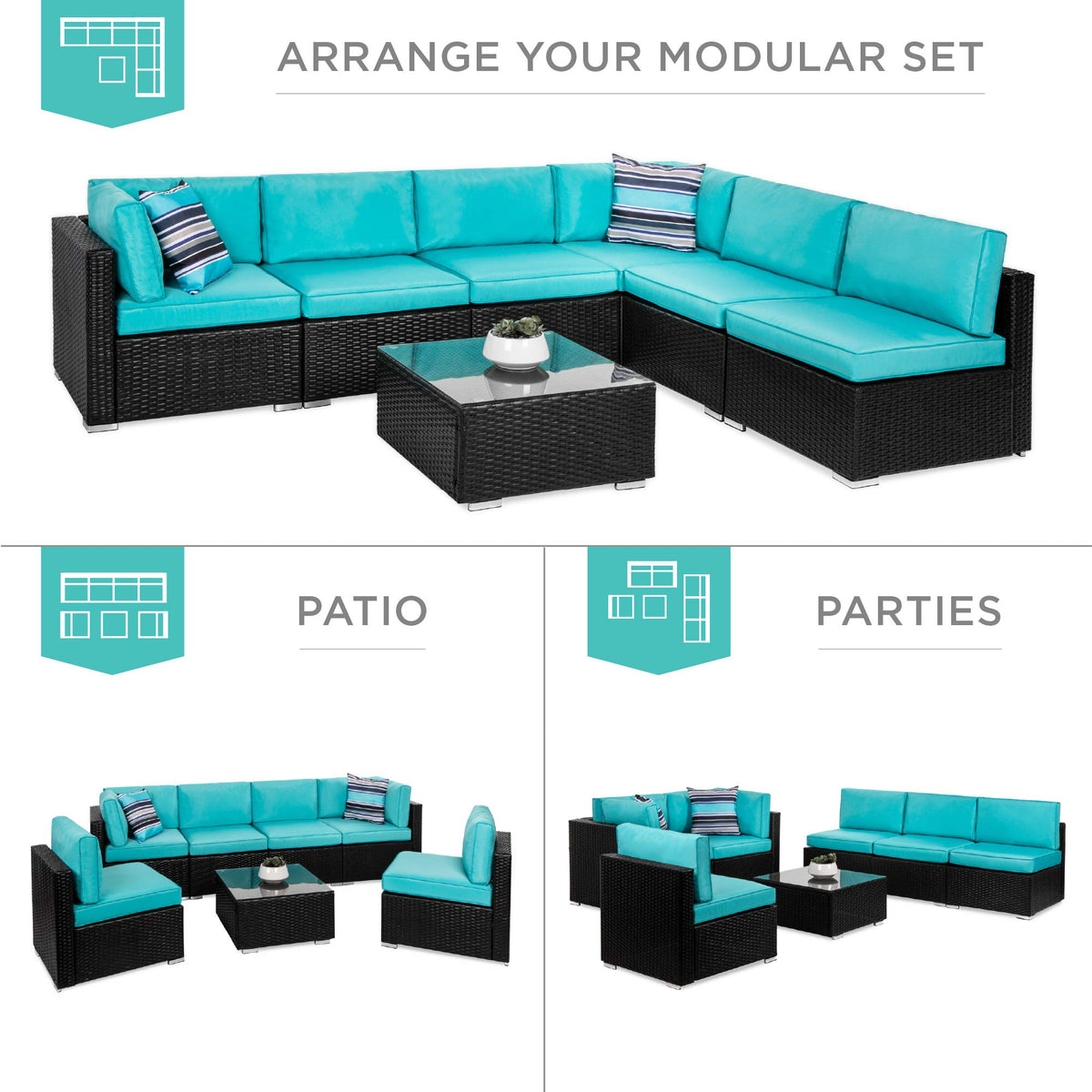 Best Choice Products 7-Piece Modular Outdoor Sectional Wicker Patio Conversation Set w/ 2 Pillows, Coffee Table, Cover Included - Black/Teal