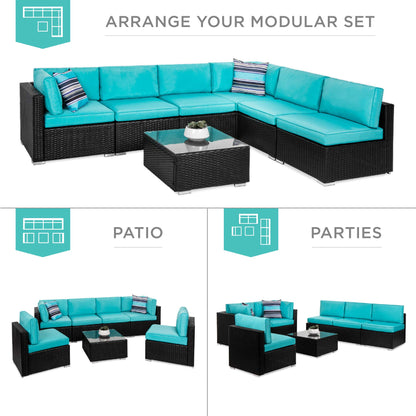Best Choice Products 7-Piece Modular Outdoor Sectional Wicker Patio Conversation Set w/ 2 Pillows, Coffee Table, Cover Included - Black/Teal