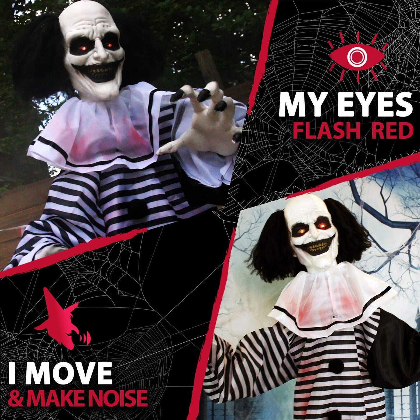 Haunted Hill Farm Scary Animatronic Talking Clown with Touch Activated Lights and Sounds, Indoor or Covered Outdoor Halloween Decorations for Home or Haunted House, Battery Operated Halloween Props