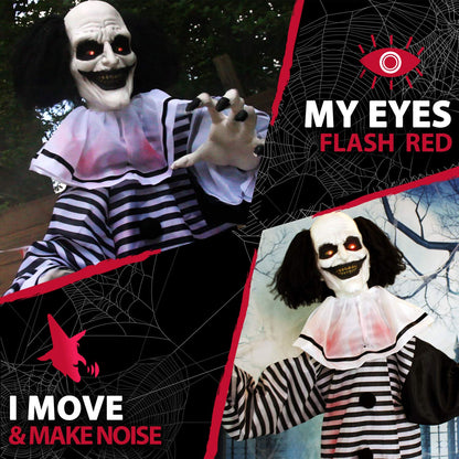 Haunted Hill Farm Scary Animatronic Talking Clown with Touch Activated Lights and Sounds, Indoor or Covered Outdoor Halloween Decorations for Home or Haunted House, Battery Operated Halloween Props