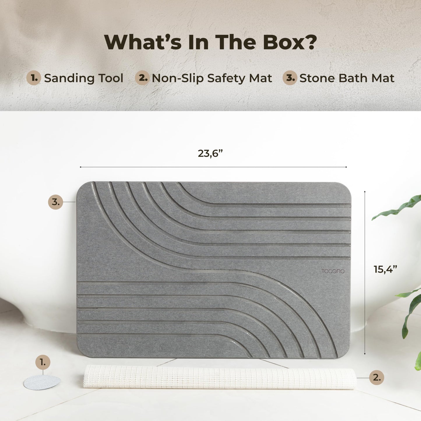 TOSORO - Stone Bath Mat, Diatomaceous Earth Non-Slip Stone Shower Mat - Quick Drying Absorbent Bath Mats for Bathroom - Elegant & Modern Design, Easy to Clean (23.5 x 15) - Graphite