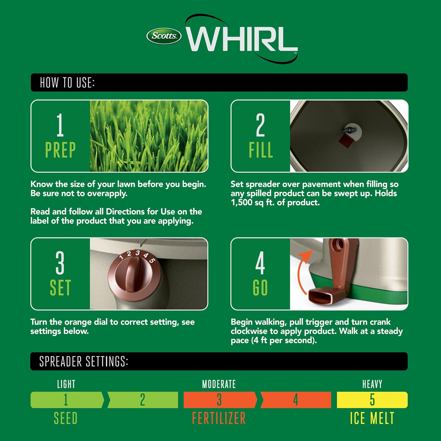 Scotts Whirl Hand-Powered Spreader for Seed, Fertilizer, Salt, Ice Melt, Handheld Spreader Holds up to 1,500 sq. ft. Product