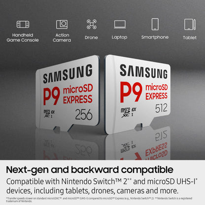 Samsung P9 Express microSD Express Card, 256GB microSDXC Memory Card, Up to 800 MB/s, for Nintendo-Switch ™ 2, (MB MK256T/AM)