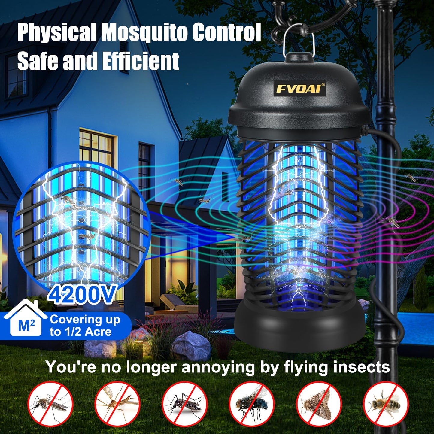 FVOAI Bug Zapper Outdoor, Mosquito Zapper, Fly Zapper, Insect Zapper Electric Fly Traps for 1/2 Acre, Indoor Outdoor Use with 3 Prong Plug-in,4200V, ABS Plastic Outer, Black