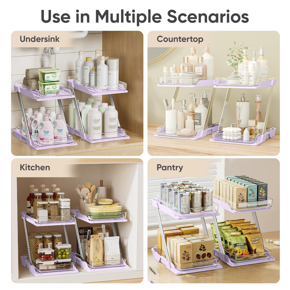 AUGBEAN 3 Pack Bathroom Organizers and Storage - Multi-Purpose,2-Tier Clear Pull Out Organization for Bathroom,Under Sink,Kitchen,Vanity,Countertop,Cabinet,Pantry & Medicine Cabinet,Pink