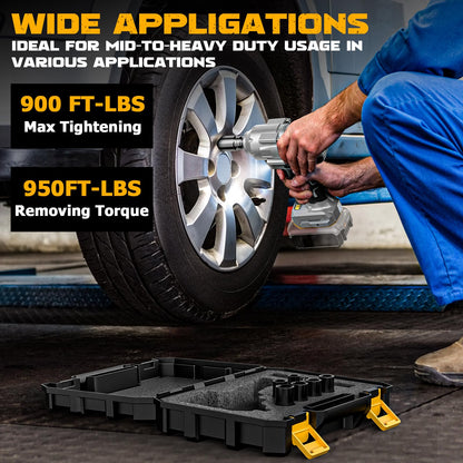 Cordless Impact Wrench 1/2 inch for Dewalt Battery 900FT-LBS with 6 Sockets and Durable Toolbox Brushless Impact Gun Includes LED Work Light (950Ft-lbs Wrench with 6 Sockets)