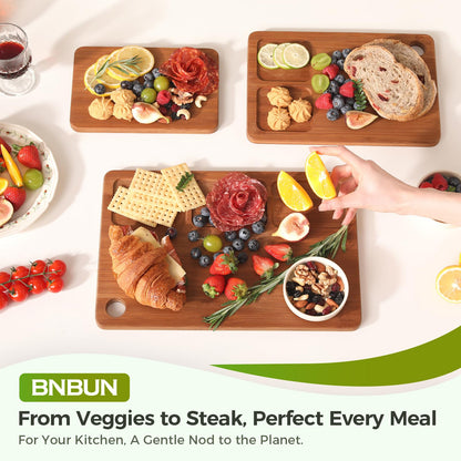 BNBUN Bamboo Cutting Board for Kitchen, Wooden Cutting Board 3-Piece Set with Non-Slip Mat Deep Juice Groove and Built-In Handles, Wood Cutting Board for Meat Vegetables Fruit Ideal Gift for the Home