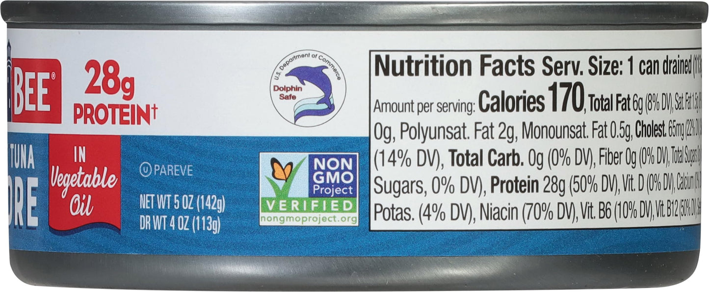 Bumble Bee Solid White Albacore Tuna in Oil, 5 oz Can (Pack of 24) - Wild Caught Tuna - 28g Protein per Serving, High in Omega-3s - Non-GMO Project Verified, Gluten Free, Kosher