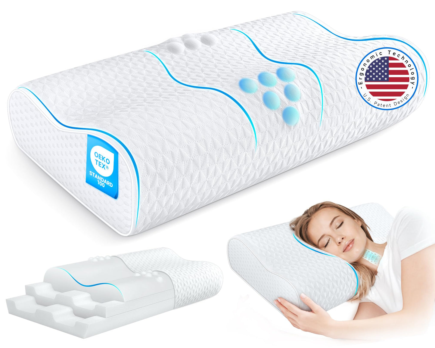 zibroges Sandwich Cervical Neck Pillow Queen Size - Dynamic Memory Foam Pillow for Neck Shoulder Pain Relief, Ergonomic Adjustable Contour Bed Pillow for Side, Back & Stomach Sleepers CertiPUR-US