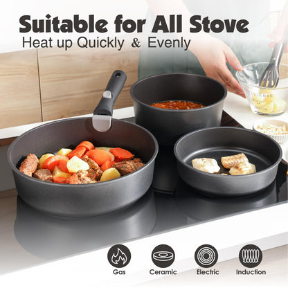 SENSARTE 17 Piece Pots and Pans Set, Nonstick Detachable Handle Cookware Set, Induction Kitchen Cookware Set with Removable Handle, Healthy Non Stick for RV, Dishwasher ＆ Oven Safe, PFOA Free (Black)