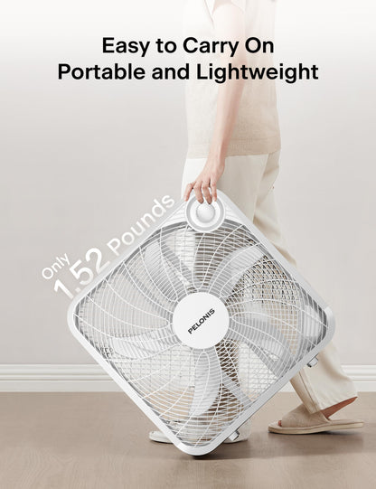 PELONIS 20 Inch Box Fan – 3 Speeds, Window Fans, Floor or Tabletop, 25ft/s, 2025 Upgraded, Superior Air Throw (2295 CFM), Lightweight, 5 Blades, Fans for Bedroom, Office, Living Room, Garage
