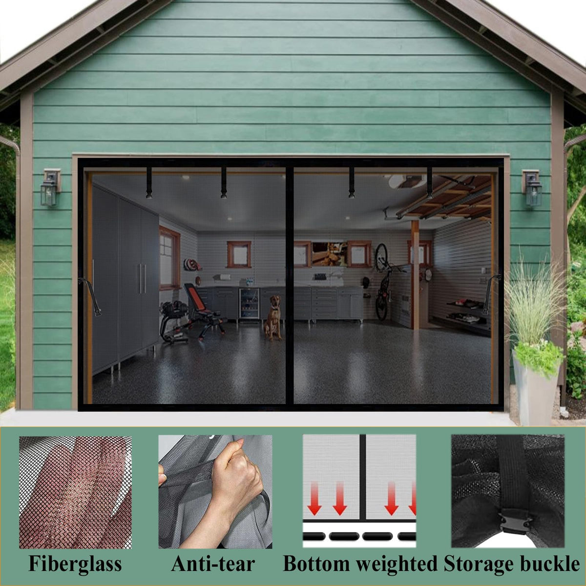 Garage Door Screen 14x9ft for 1 Car, Retractable Fiberglass Magnetic Screen Mesh Sliding Doors Curtain, Heavy Duty Weighted Bottom, Easy Assembly &Pass, Hands Free for Garage Patio (Black, 14x9ft)