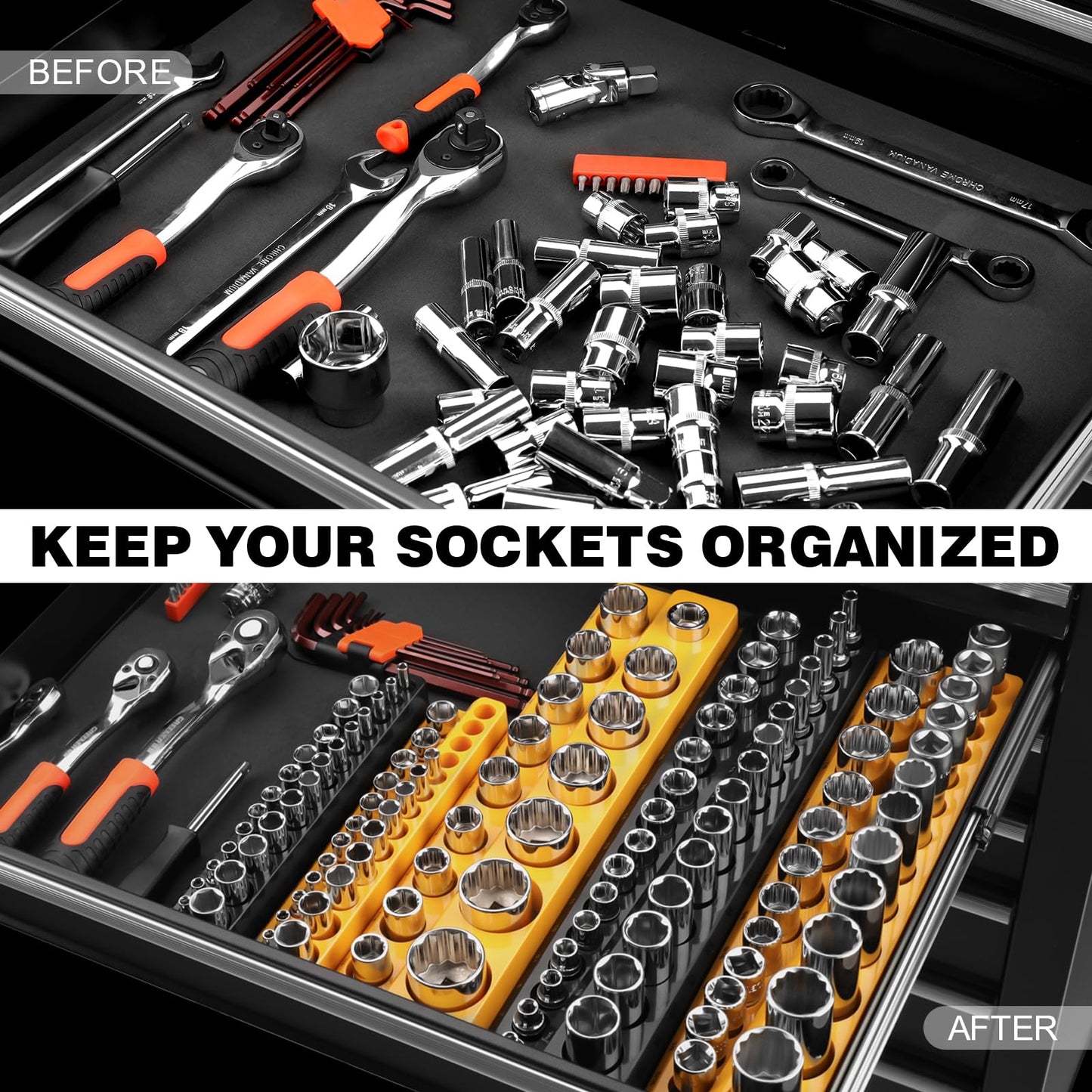 GRENPRO Socket Organizer for Tool Box Drawer, 6pc 143 Metric & SAE Magnetic Socket Holder, 1/4", 3/8", 1/2" Drive Socket Tray Set, Magnetic Socket Organizer