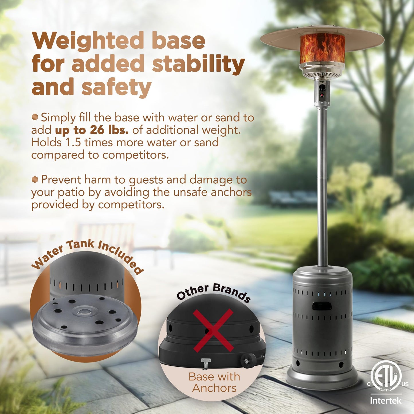 Amazon Basics 46,000 BTU Outdoor Propane Patio Heater with Wheels, Commercial & Residential, 13489.74 watts, Slate Gray, with water tank, 32.1 x 32.1 x 91.3 inches (LxWxH)