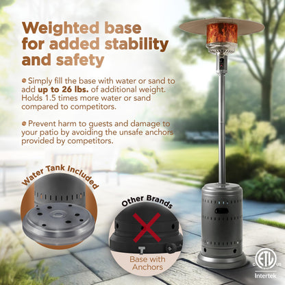 Amazon Basics 46,000 BTU Outdoor Propane Patio Heater with Wheels, Commercial & Residential, 13489.74 watts, Slate Gray, with water tank, 32.1 x 32.1 x 91.3 inches (LxWxH)