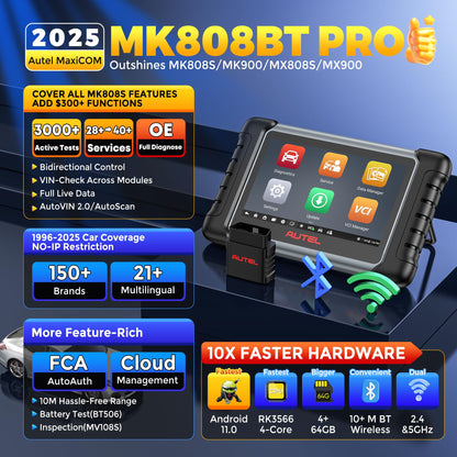 Autel Scanner MaxiCOM MK808BT PRO, 2025 2.0 Full Bidirectional Diagnostic Tool as MK900 MX900 MK900BT, Pro Ver. of MK808S MX808S, 3000+ Test, 28+ Service, All System, Brake Bleed, Injector Coding, FCA