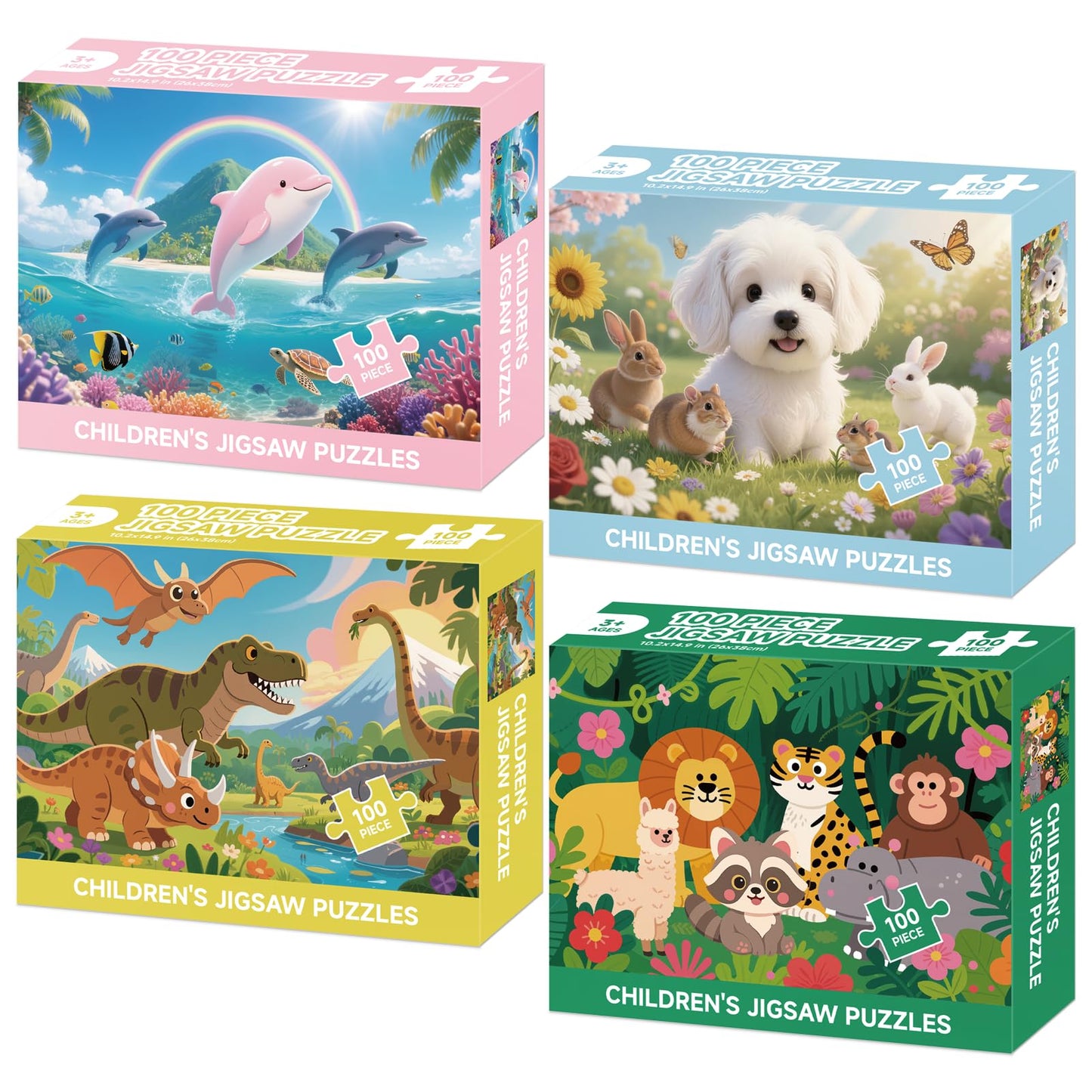 4-Pack 100 Piece Puzzles for Kids Ages 4-6 6-8 8-10, Cute Dogs Dinosaurs Dolphins Wildlife Kids Puzzles Ages 3-5 4-6 5-8, 100 Large Piece Jigsaw Puzzles Educational Toys for Boys and Girls (15x10 in)