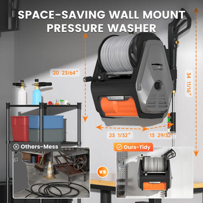 Giraffe Tools Grandfalls Retractable Pressure Washer Pro, Wall Mounted Pressure Washer with 1800W Brushless Motor, 3700PSI Electric Power Washer with 100ft Pressure Hoses, Dark Silver