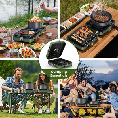 OGERY 2-Burner Foldable Camping Stove with Griddle (Textured & Smooth) and Carrying Bag, Portable Propane Camp Stove with 2 Adjustable Burners & Piezo Ignition, for Camping Tailgating Essentials Gear