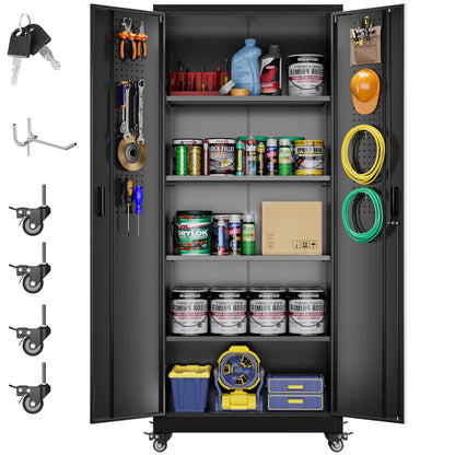 Aobabo 73''H Metal Garage Storage Cabinet with Wheels,Steel Cabinets with 2 Doors and 4 Adjustable Shelves for Home Office,Required Assembly,Black