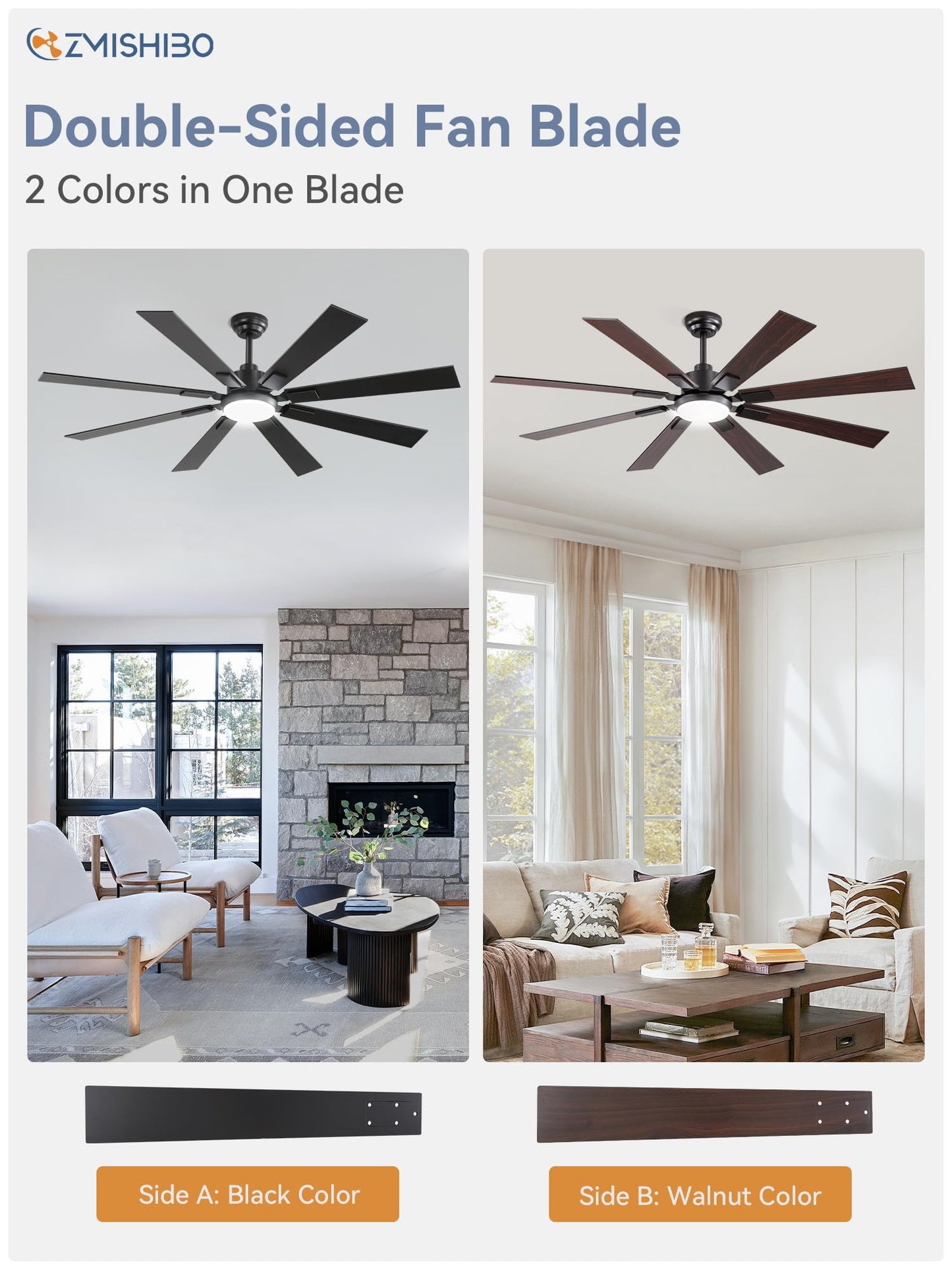 ZMISHIBO 62 inch Large Ceiling Fans with Lights and Remote, Indoor/Outdoor Black Modern Ceiling Fan for Kitchen Living Room Patio, 6 Speed Reversible Quiet DC Motor, 3 CCT, Dual Finish 8 Blades