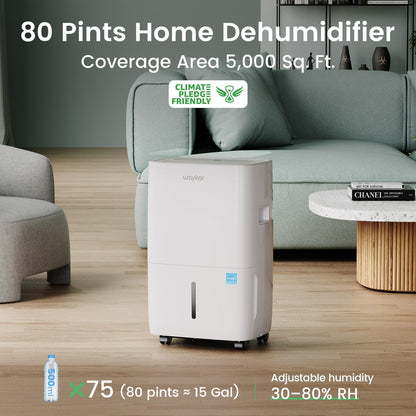 Waykar 80 Pints Energy Star Dehumidifier for Spaces up to 5,000 Sq. Ft at Home, in Basements and Large Rooms with Drain Hose and 1.14 Gallons Water Tank (JD025CE-80)