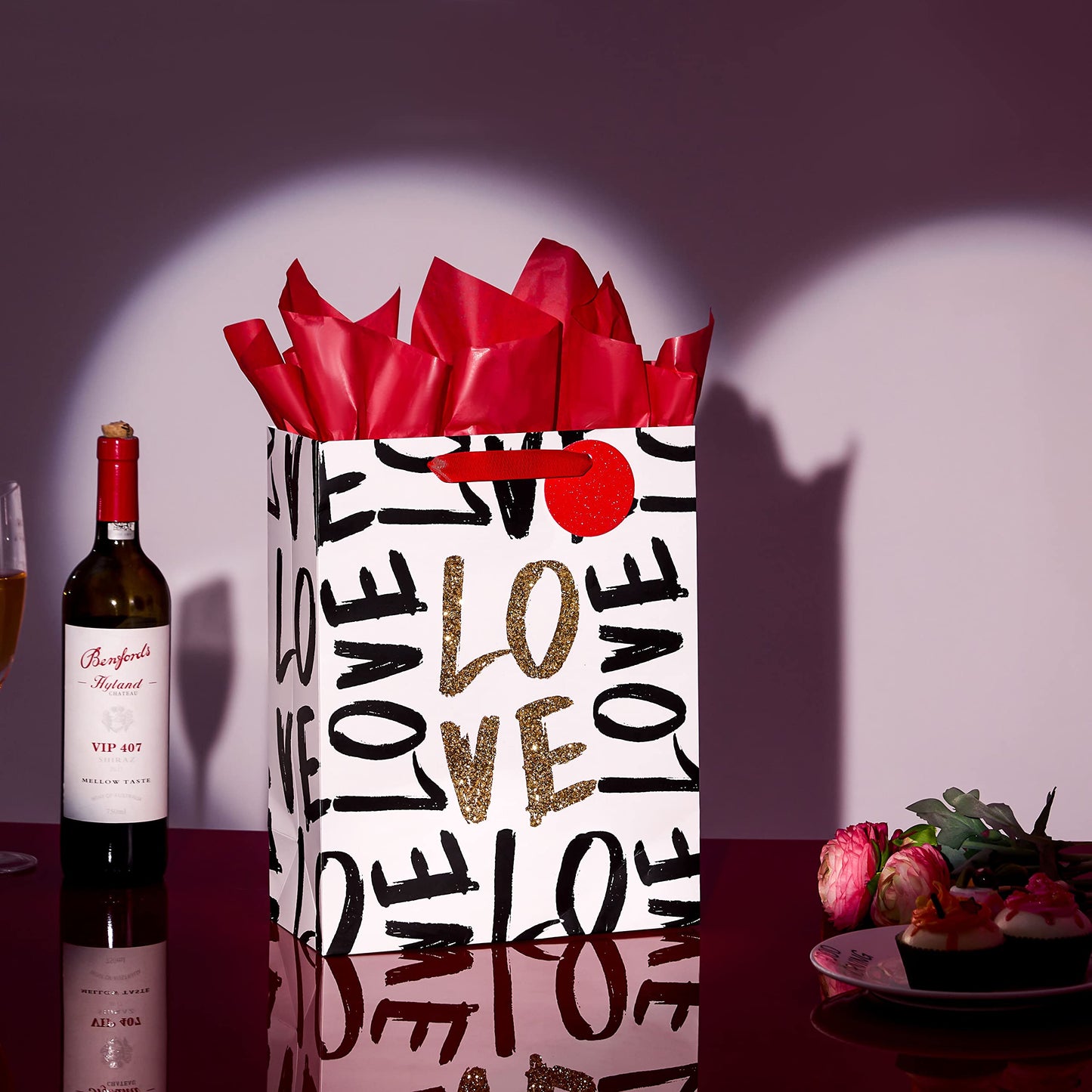 SUNCOLOR Large Valentine's Day Gift Bag with Tissue Paper, Black and Gold Love Design, 13 x 10.2 x 4.7 Inches, for Birthday, Mother's Day