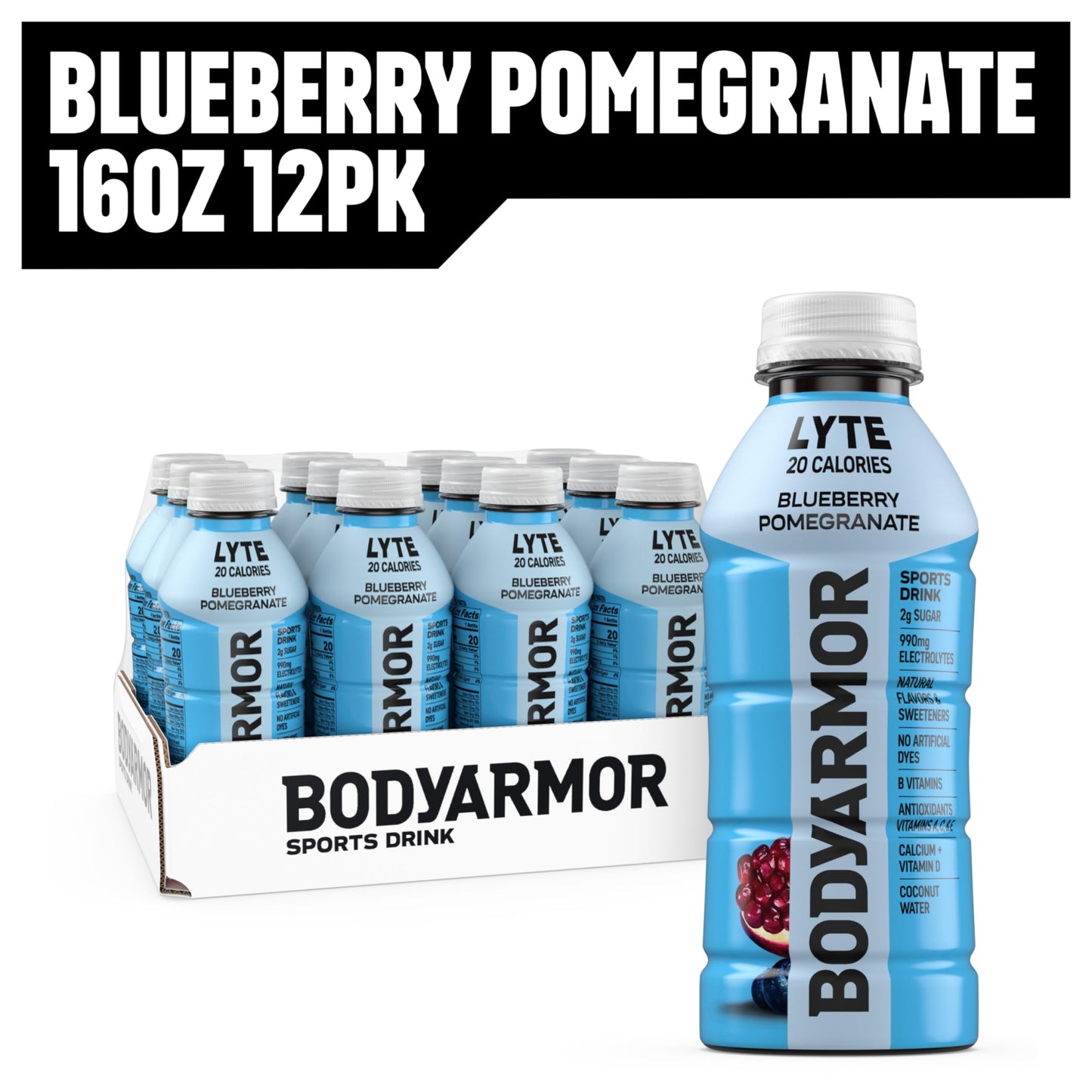 BODYARMOR LYTE Sports Drink Low-Calorie Sports Beverage, Blueberry Pomegranate, Coconut Water Hydration, Natural Flavors With Vitamins, Potassium-Packed Electrolytes, Perfect For Athletes, 16 Fl Oz (Pack of 12)