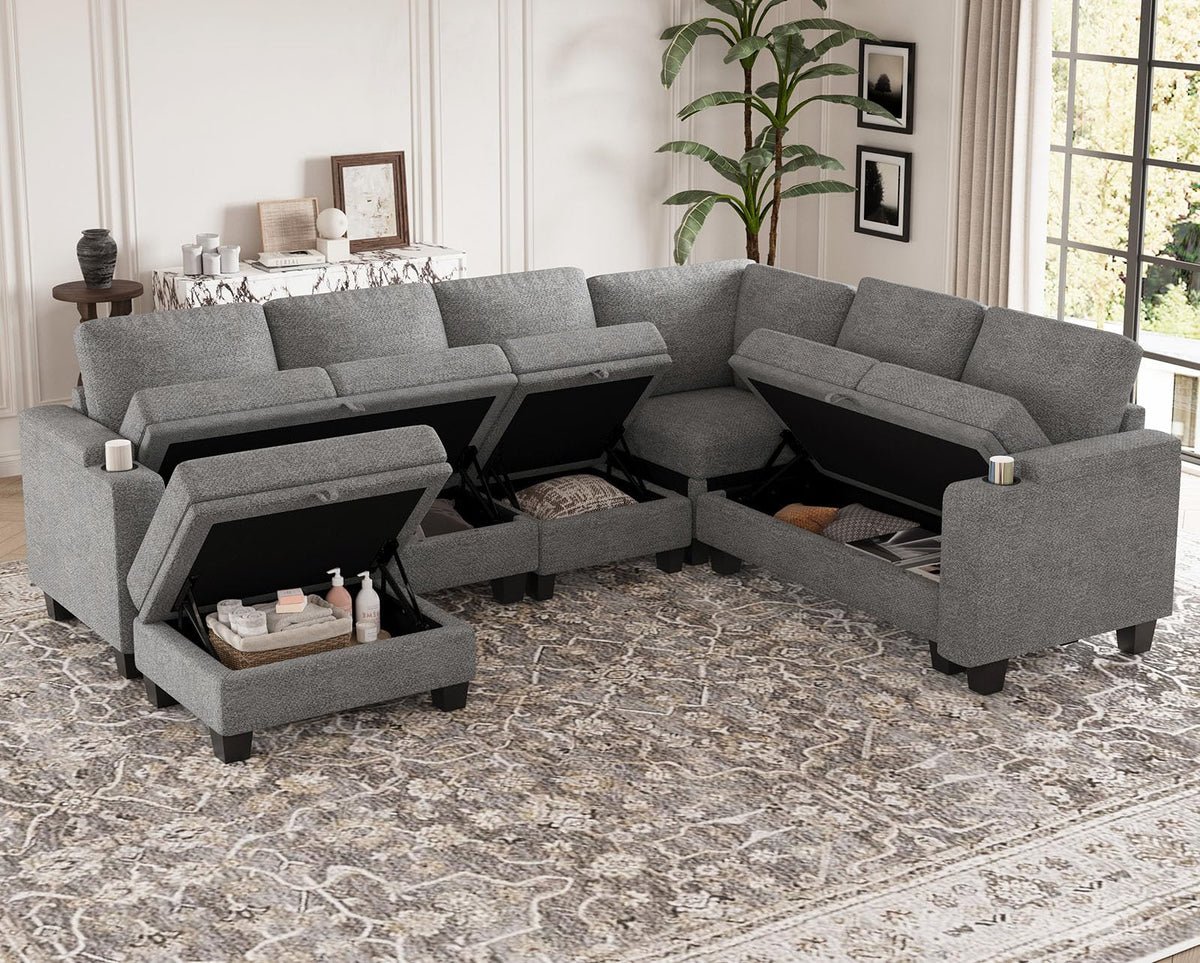 Belffin Chenille Modular Sectional Sofa Convertible L Shaped Corner Couches for Living Room with Storage Armrest with Cup Holder Light Grey Couch
