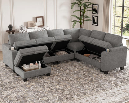 Belffin Chenille Modular Sectional Sofa Convertible L Shaped Corner Couches for Living Room with Storage Armrest with Cup Holder Light Grey Couch