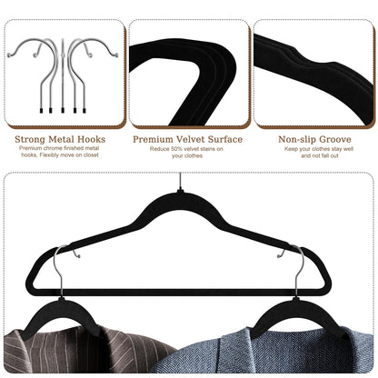 GETORO Velvet Hangers 30 Pack, Non Slip Space Saving Clothes Hangers with Metal Hooks, Black Felt Hangers, Heavy Duty Flocked Hanger, 17.5”W x 0.2”D x 9.25”H