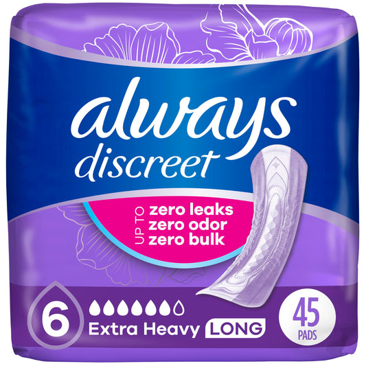 Always Discreet Adult Incontinence Pads for Women, Extra Heavy Absorbency, Long Length, Postpartum Pads, 45 Count