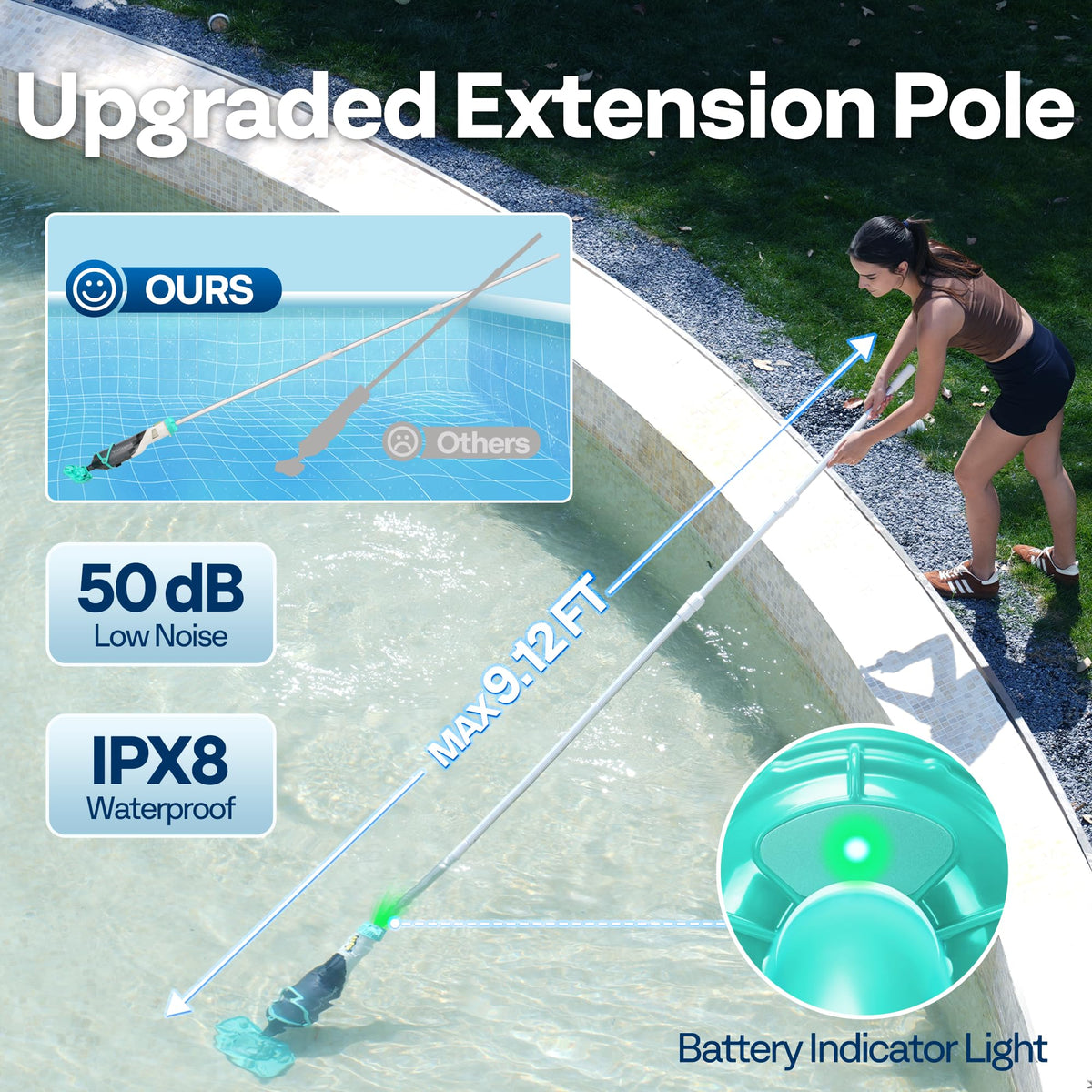 VIVOHOME Cordless Pool Vacuum with Telescopic & Extension Poles 9.12ft, 18.5 GPM Suction, 60-Min Run Time, Handheld Cleaner Rechargeable with Battery Indicator for Pools/Spas/Hot Tubs - Green