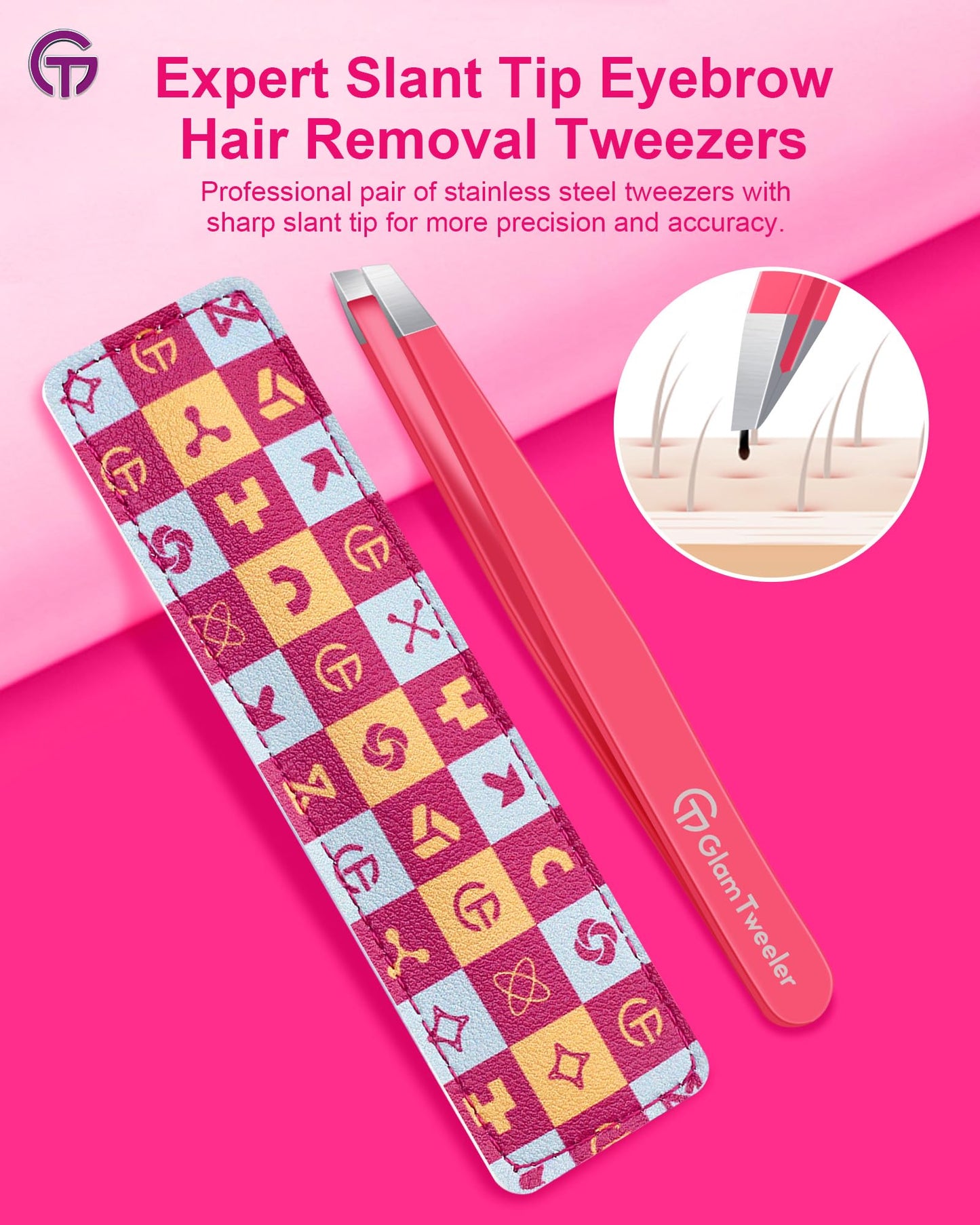Expert Eyebrow Hair Removal Tweezer with Leather Case, GlamTweeler High Precision Slant Tip Stainless Steel Tweezers for Men and Women (Hot Pink)