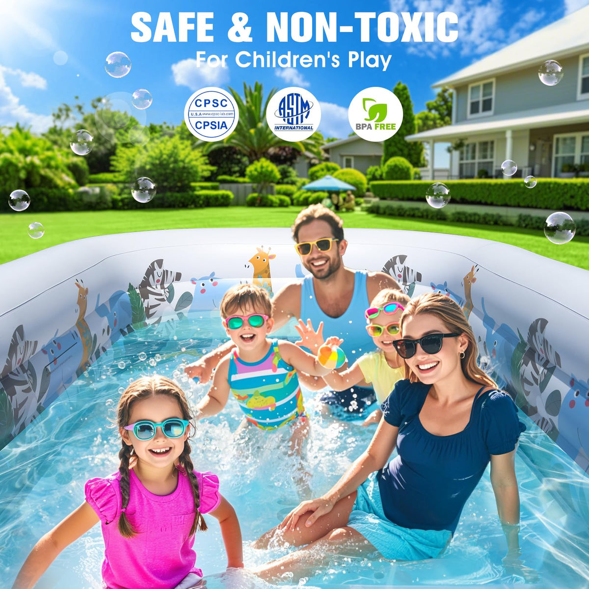 Inflatable Swimming Pool for Kids and Adults,Thickened Large Adult Pool for Backyard with Seat and Backrest, Kids Outdoor Blow up Pools,125"X75"X25"Inflatable Pools for Summer (Sky Blue)