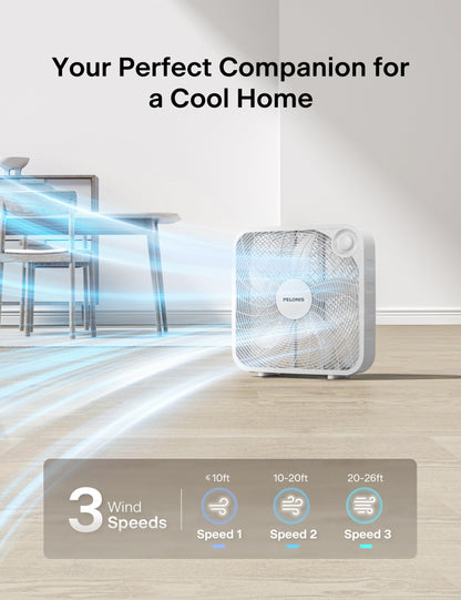 PELONIS 20 Inch Box Fan – 3 Speeds, Window Fans, Floor or Tabletop, 25ft/s, 2025 Upgraded, Superior Air Throw (2295 CFM), Lightweight, 5 Blades, Fans for Bedroom, Office, Living Room, Garage