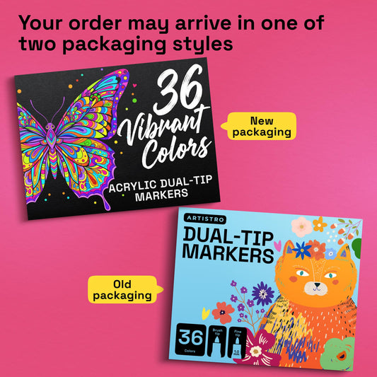 ARTISTRO 36 Acrylic Paint Markers - Paint Pens Dual Tip Brush + Fine Ideal for Calligraphy - Perfect for Fabric, Rock, Glass, Wood, DIY - Art Supplies, Stocking Stuffers, Christmas Gift Idea