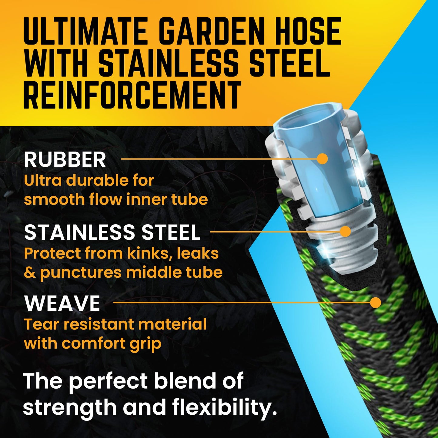 PowerFlow Garden Hose, NON-EXPANDABLE 25 Feet Premium Quality Stainless Steel Metal Water Hose with Durable Fabric Skin, Hose For Commercial, Residential Use, Bonus 10-way Spray Nozzle (25 Ft, Green)