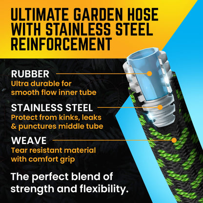 PowerFlow Garden Hose, NON-EXPANDABLE 25 Feet Premium Quality Stainless Steel Metal Water Hose with Durable Fabric Skin, Hose For Commercial, Residential Use, Bonus 10-way Spray Nozzle (25 Ft, Green)