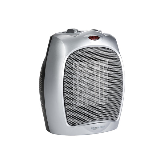 Amazon Basics Ceramic Space Heater, Portable Indoor Heating Solution, With Overheat and Tip-Over Protection, Thermostat, Non-Oscillating, 1500W, 7.52"D x 6.34"W x 9.45"H, Silver