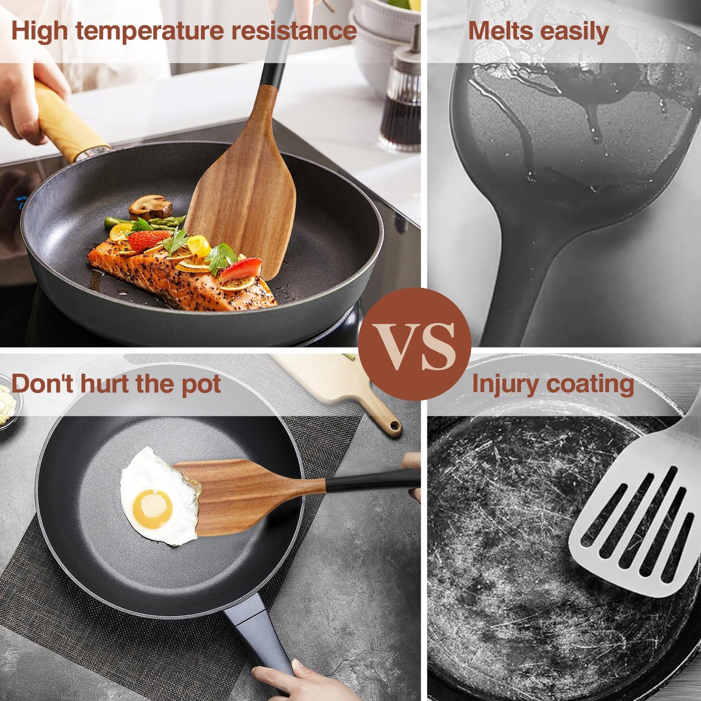 ROSOS Wooden Spoons For Cooking, 6 PCS Natural Acacia Wooden Cooking Utensils or Non-Stick Wooden Kitchen Utensil Set for Kitchen Essentials, Smooth Grip Wooden Spoons with Hanging Hole, Black