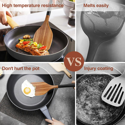 ROSOS Wooden Spoons For Cooking, 6 PCS Natural Acacia Wooden Cooking Utensils or Non-Stick Wooden Kitchen Utensil Set for Kitchen Essentials, Smooth Grip Wooden Spoons with Hanging Hole, Black