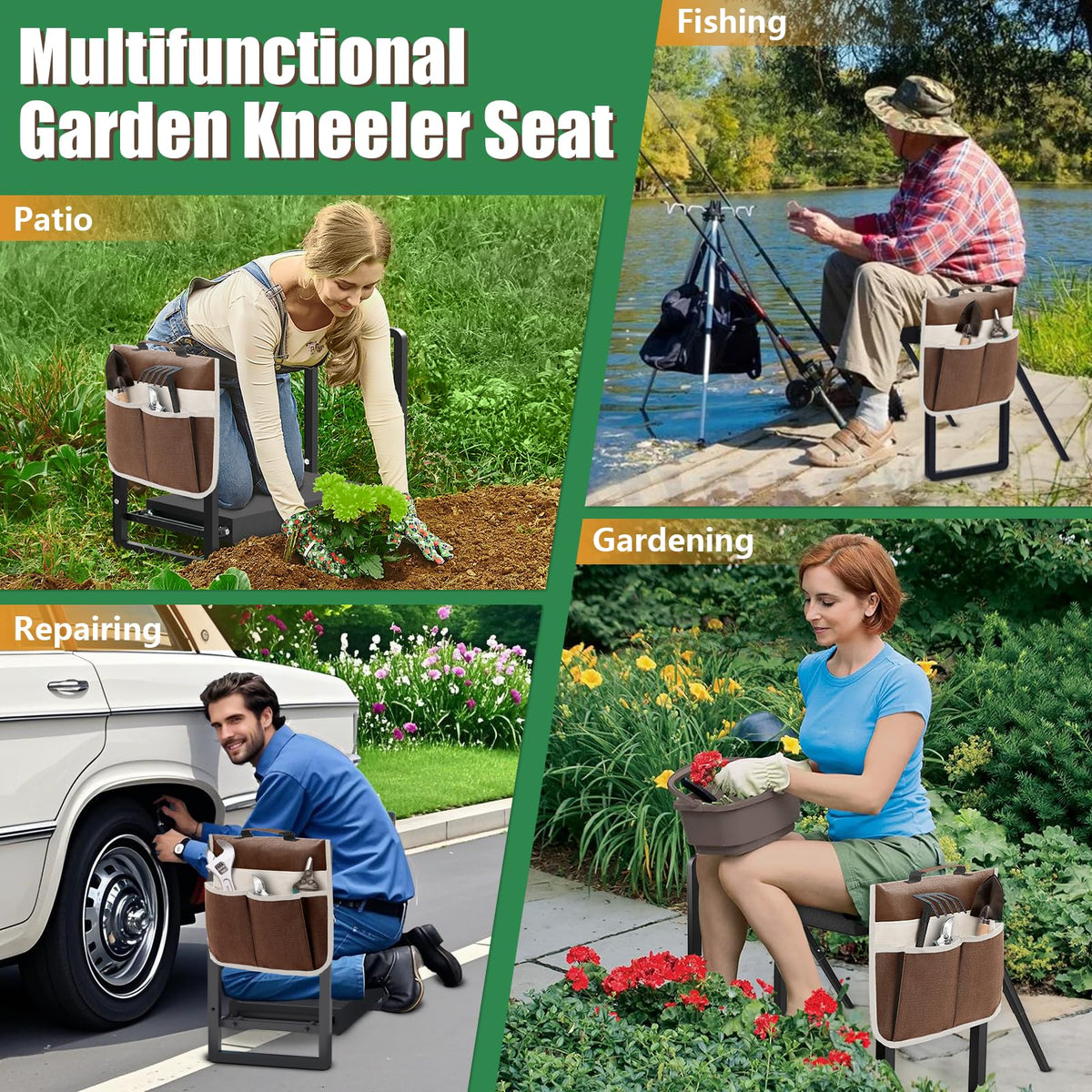 seasky Foldable Garden Kneeling and Seat, Anti-Tipping Gardener Bench Widened Thick Soft Kneeling Pad，Heavy Duty Gardening Stool with Garden Tool Bag, Gardening Gift for Women(Without Gloves)